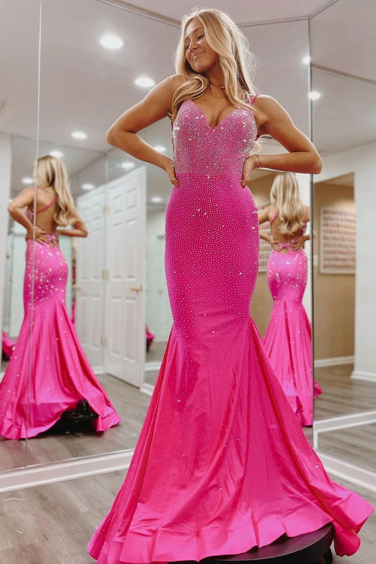 Hot Pink V Neck Beaded Satin Mermaid Long Prom Dresses, PD25711