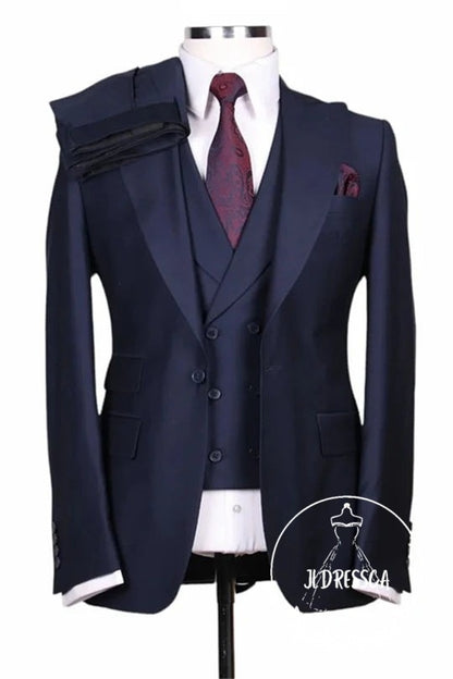 Navy Blue Peaked Lapel Three Pieces Prom Men Suits, SU25174
