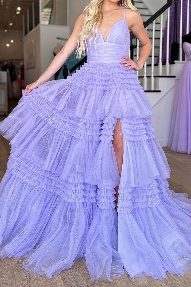 Lavender A Line Spaghetti Straps Long Prom Dress with Ruffles, PD25672