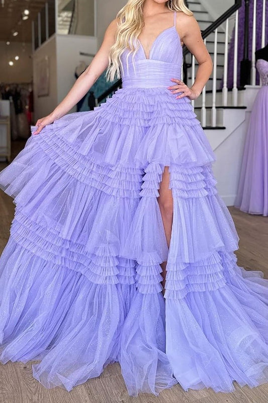 Lavender A Line Spaghetti Straps Long Prom Dress with Ruffles, PD25672