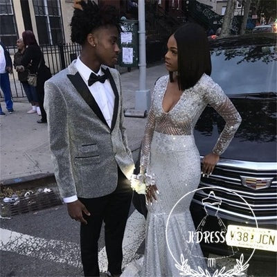 Glitter Silver Sequins Men Suits Peaked Lapel Two Piece Prom Outfits, SU25004
