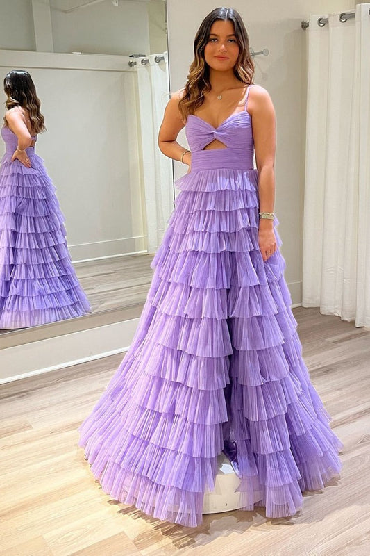 Lilac Tulle Ruffle Tiered Sweetheart Keyhole Long Prom Dress, PD25408