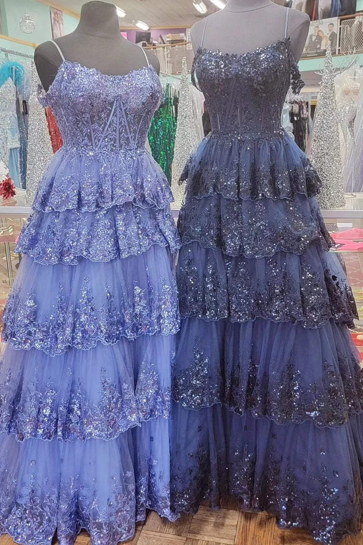 Tulle Sequin Ruffle Cold - Shoulder Tiered Long Prom Dress, PD25651