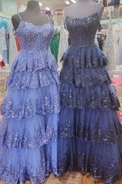 Tulle Sequin Ruffle Cold - Shoulder Tiered Long Prom Dress, PD25651