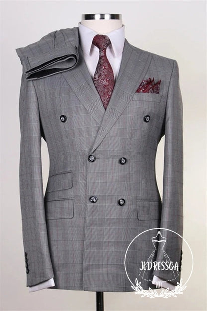 Gray Plaid Double Breasted Peaked Lapel Men Suits, SU25194