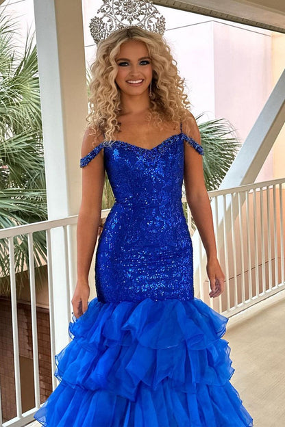 Royal Blue Mermaid Off the Shoulder Sequins Long Prom Dresses, PD25601