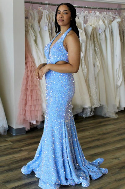 Blue Halter Iridescent Sequin Trumpet Long Prom Dress, PD25701