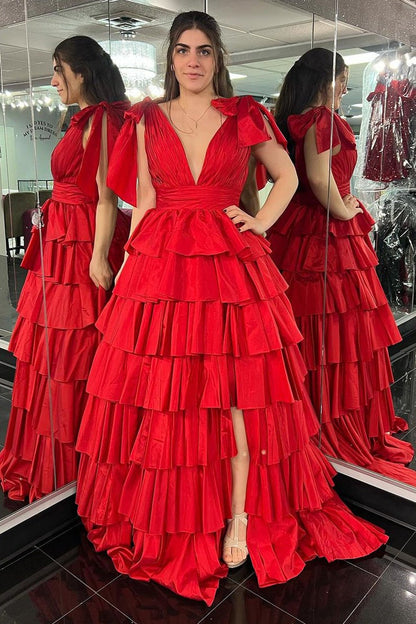 Red Satin A-Line V Neck Ruffle Tiered Long Prom Dress, PD25372