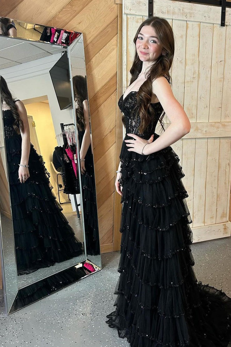 Black Sweetheart A - Line Long Tulle Prom Dress with Appliques, PD25561