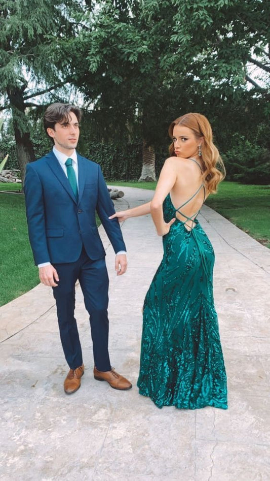 Green Sequin Sparkly Mermaid Scoop Neck Prom Dress with Lace-up, PD25442