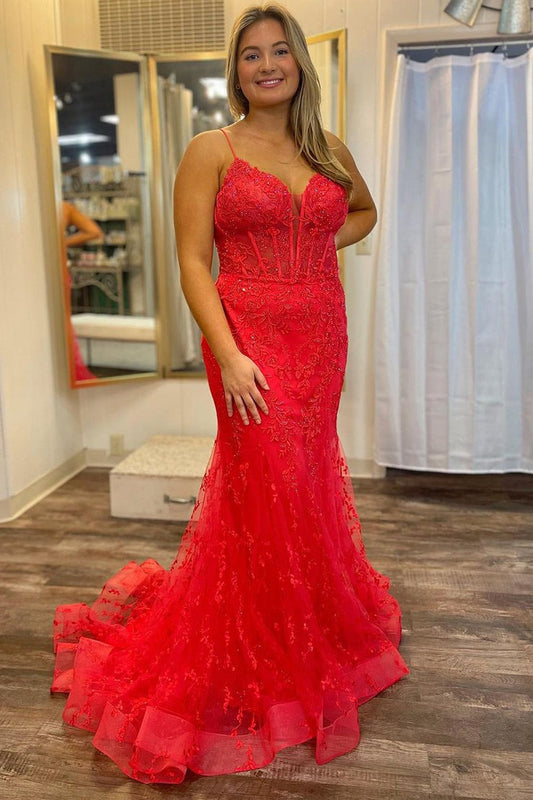 Red Tulle Lace V Neck Mermaid Long Prom Dresses, PD25512