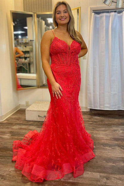 Red Tulle Lace V Neck Mermaid Long Prom Dresses, PD25512