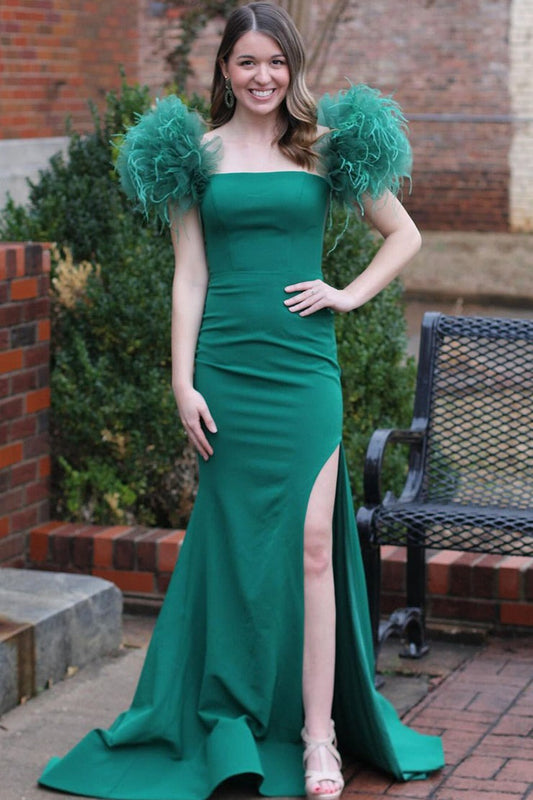 Dark Green Satin Mermaid Long Prom Dress with Feathered Shoulders and Slit, PD25722