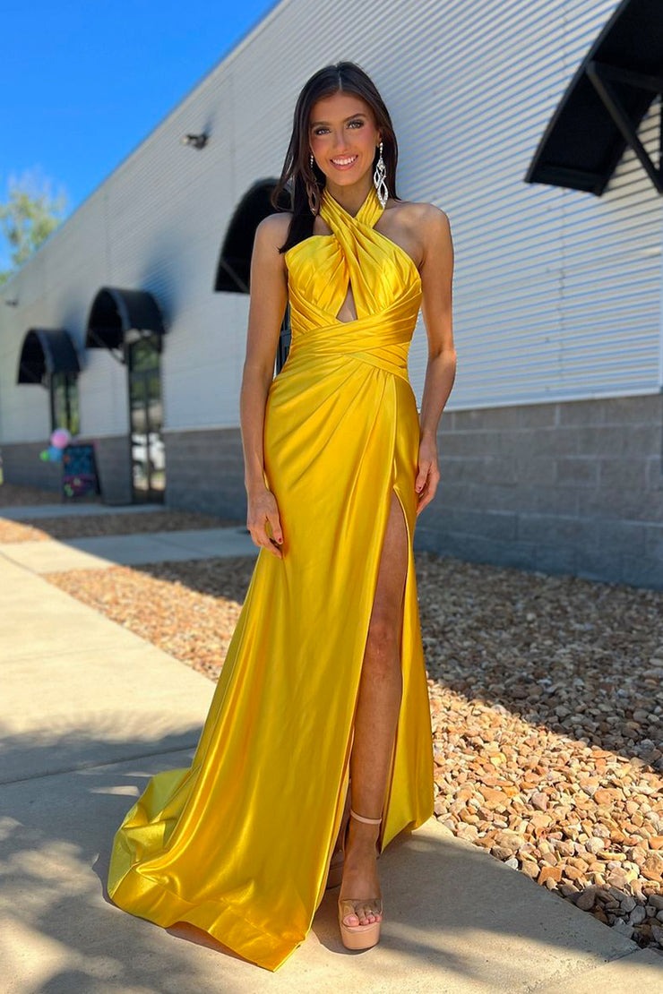 Cross Neck Mermaid Yellow Satin Long Prom Dresses with Slit, PD25058