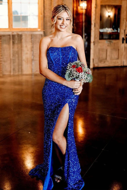 Royal Blue Strapless Sequins Mermaid Long Prom Dress with Slit, PD25209