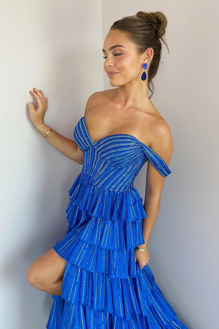 Blue Off the Shoulder Ruffle Tiered Prom Dress with Beadings, PD25073