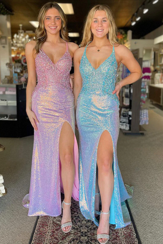 Pink V-Neck Sequin Appliques Mermaid Long Prom Dress, PD2404233