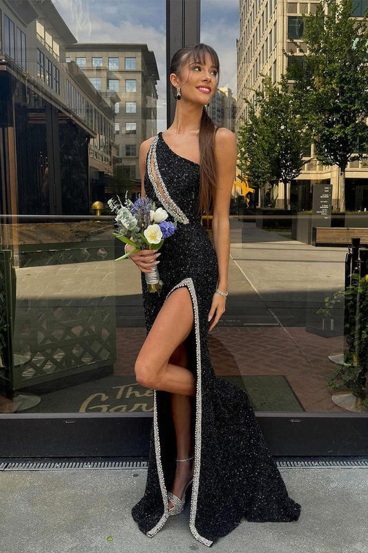 One Shoulder Black Sequins Long Mermaid Prom Dresses with Beading, PD25078