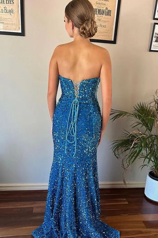 Blue Sequin Strapless Mermaid Long Prom Dress, PD2404181
