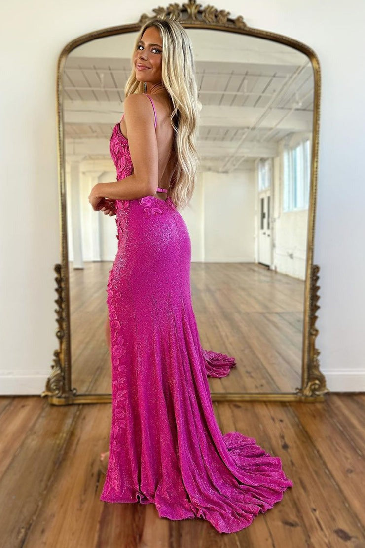 Purple Sequins V Neck Mermaid Long Prom Dress with Slit, PD25221