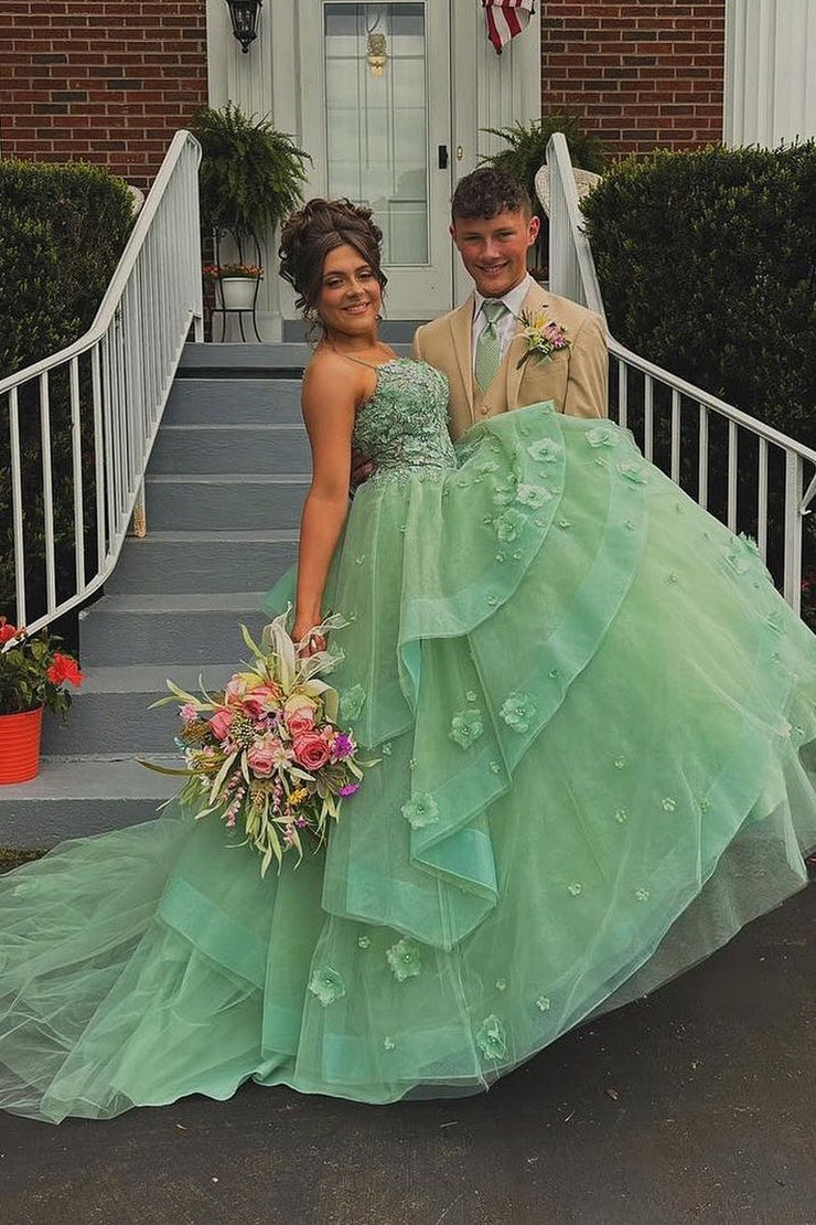 Sweetheart Ball Gown Sage Green Tulle Long Prom Dresses with Appliques, PD25049