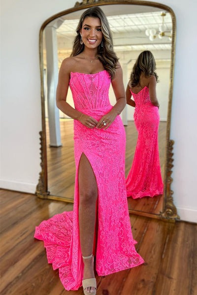 Strapless Mermaid Pink Lace Long Prom Dress with Slit, PD25099