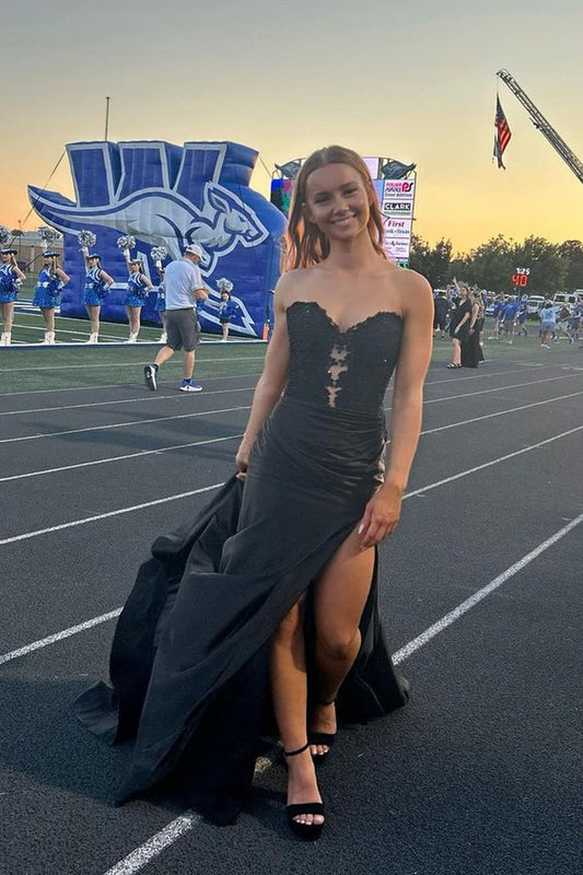 Sweetheart Mermaid Black Silk Satin Long Prom Dresses with Slit, PD25043