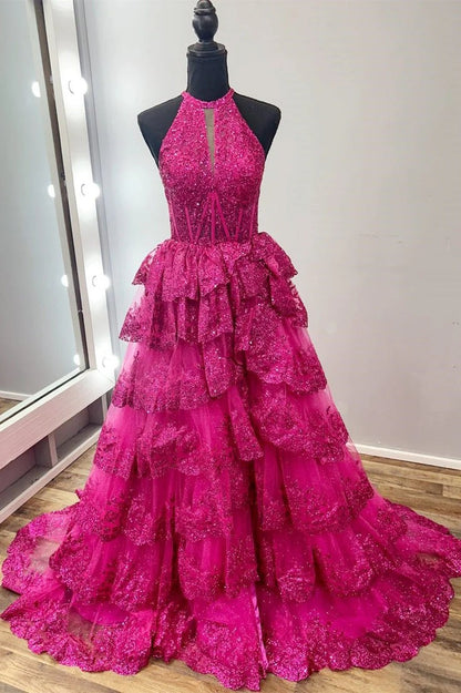 Halter Ball Gown Fuchsia Tulle Long Prom Dresses with Appliques, PD25019