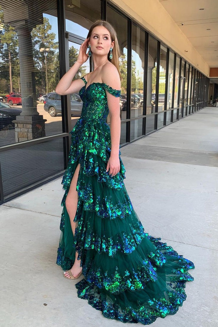 Green Off the Shoulder Sequins Lace Ruffle Tiered Long Prom Dress with Slit, PD25236