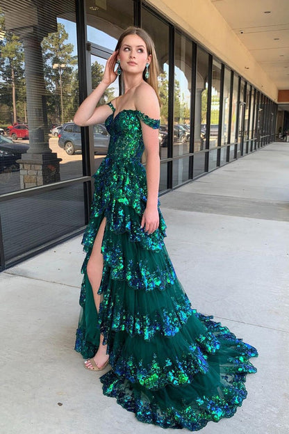Green Off the Shoulder Sequins Lace Ruffle Tiered Long Prom Dress with Slit, PD25236