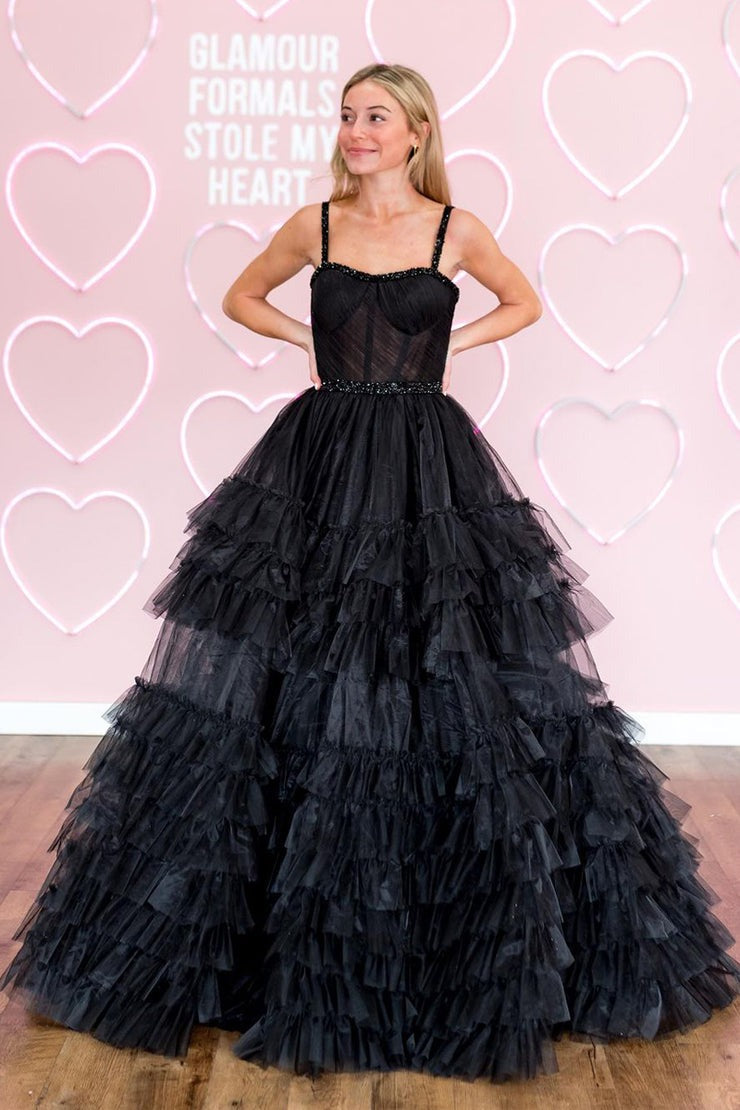 Sweetheart Black Ruffle Tiered Tulle Prom Dress with Beading, PD25152