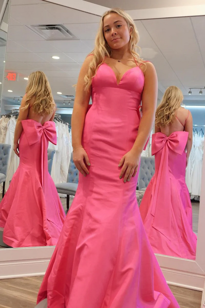 Pink V-Neck Satin Mermaid Long Prom Dress, PD2404224