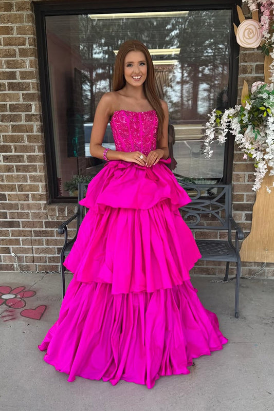 Fuchsia Strapless A Line Satin Prom Dress with Beading, PD25808