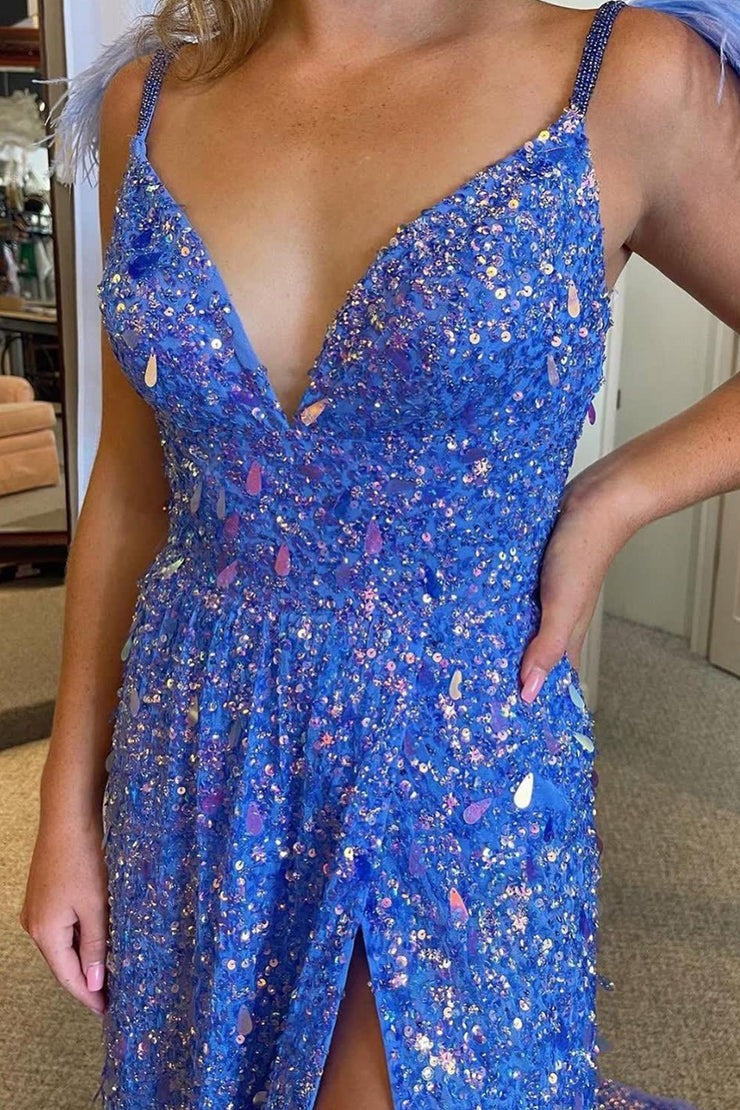 V Neck A-Line Spaghetti Straps Blue Sequins Long Prom Dress with Slit, PD25142