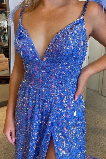 V Neck A-Line Spaghetti Straps Blue Sequins Long Prom Dress with Slit, PD25142