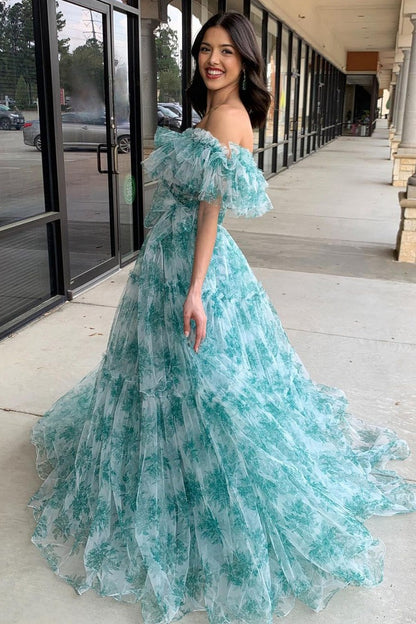 Floral Printed A-Line Off the Shoulder Ruffle Long Prom Dresses, PD25279