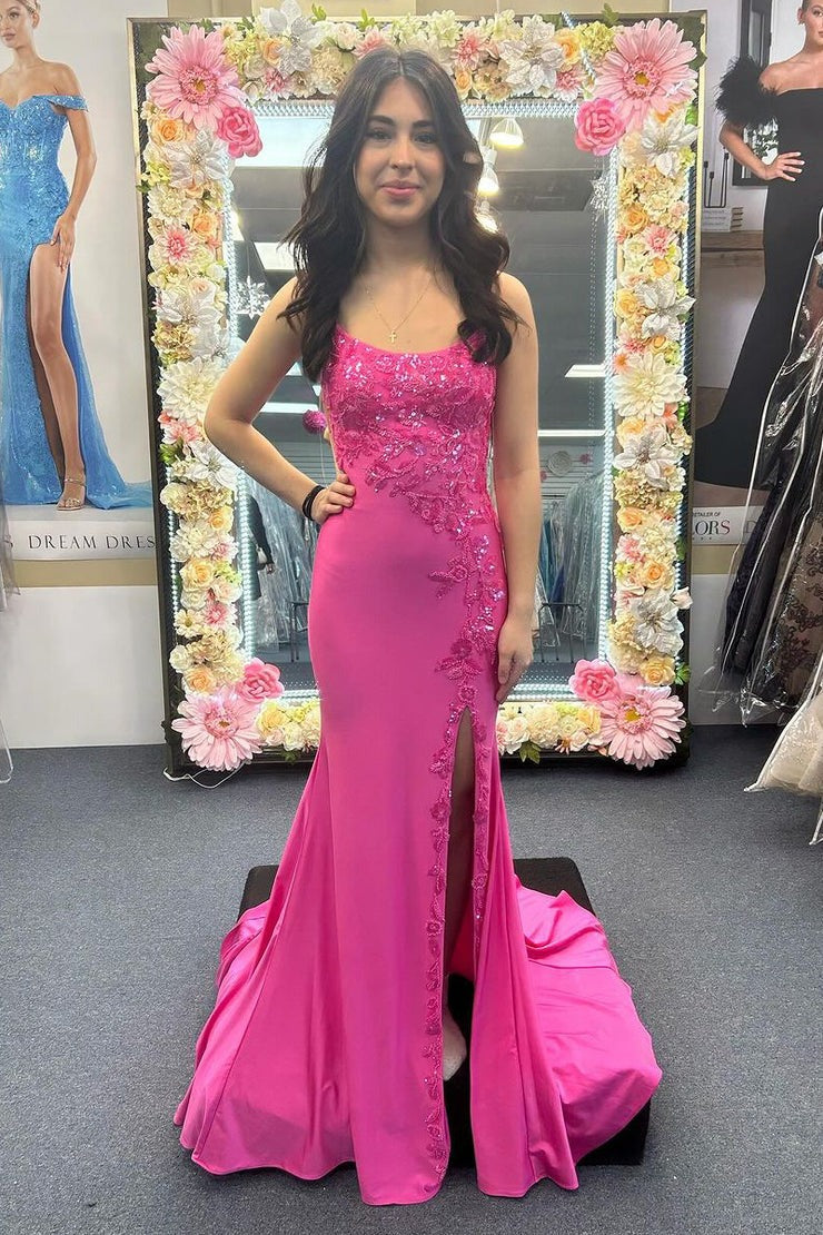 Satin Fuchsia Scoop Neck Mermaid Long Prom Dress with Appliques, PD25168