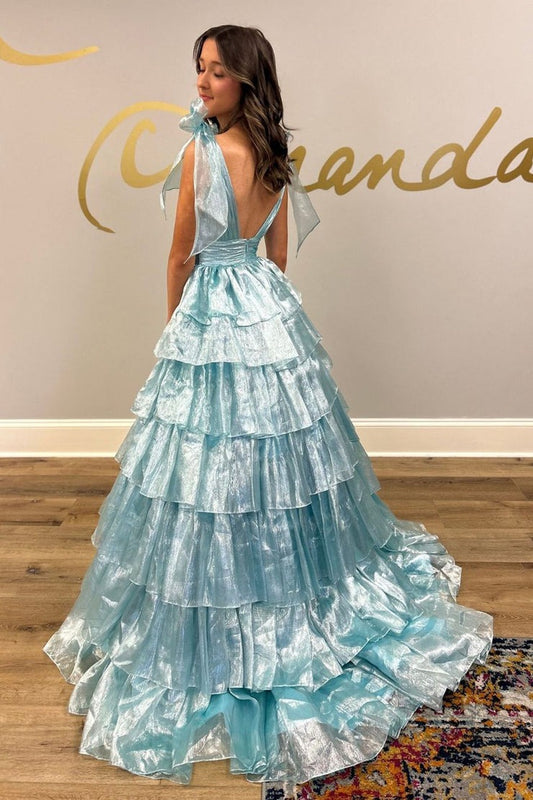 V Neck Blue Ruffle Tiered Organza Prom Dress with Bow, PD25148