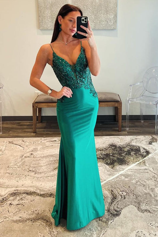 Dark Green V Neck Satin Beaded Long Prom Dress, PD25303