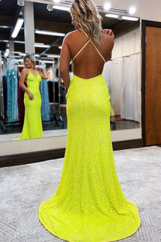 V Neck Mermaid Yellow Sequins Long Prom Dresses, PD25082