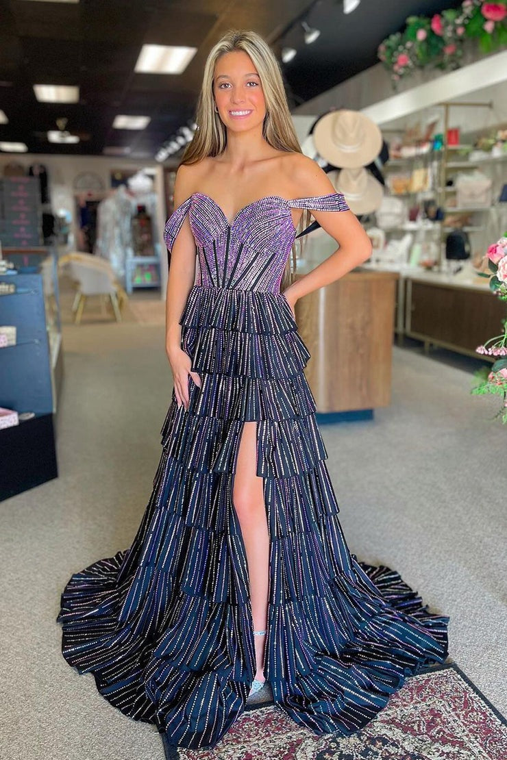 Black Pink Beading A Line Off the Shoulder Tiered Prom Dress with Slit, PD25259