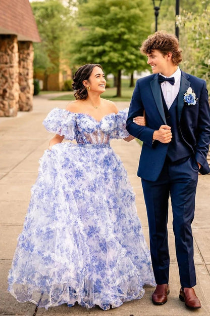 Off the Shoulder Blue Ruffle Tiered Floral Printed Prom Dress, PD25157