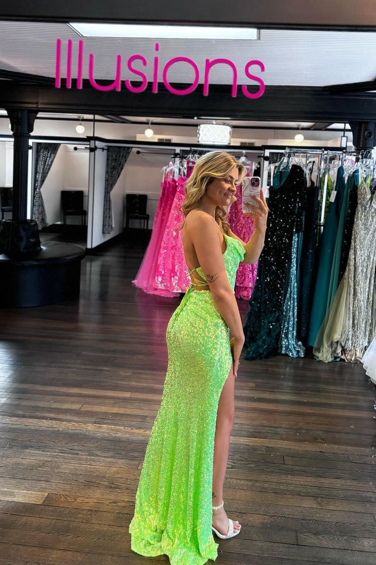 Cowl Neck Mermaid Green Sequins Long Prom Dresses with Slit, PD25084