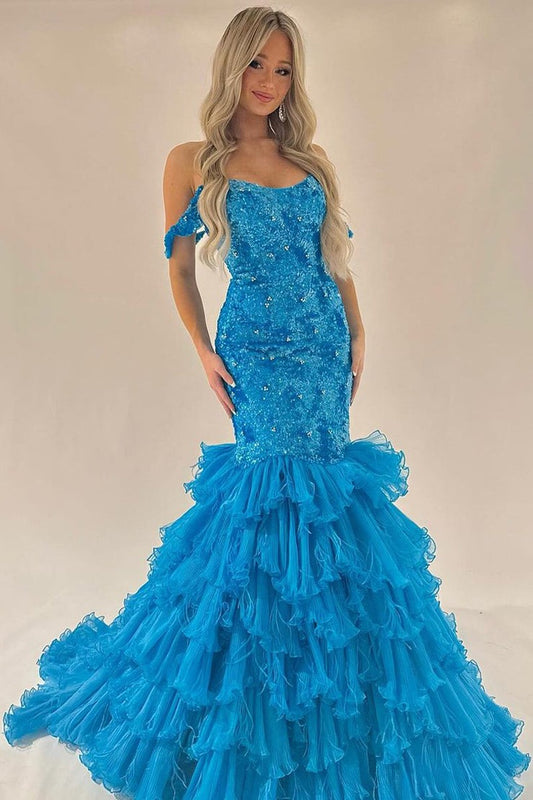 Off the Shoulder Mermaid Sequins Long Prom Dresses with Ruffles, PD25110