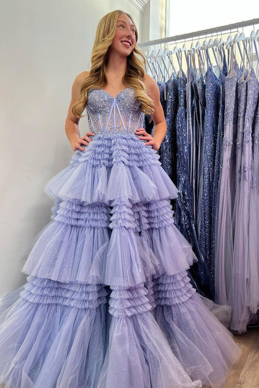 Strapless A Line Lilac Ruffle Tiered Tulle Long Prom Dress with Appliques, PD25128