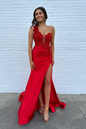 Red One Shoulder Satin Mermaid Long Prom Dress, PD2404225