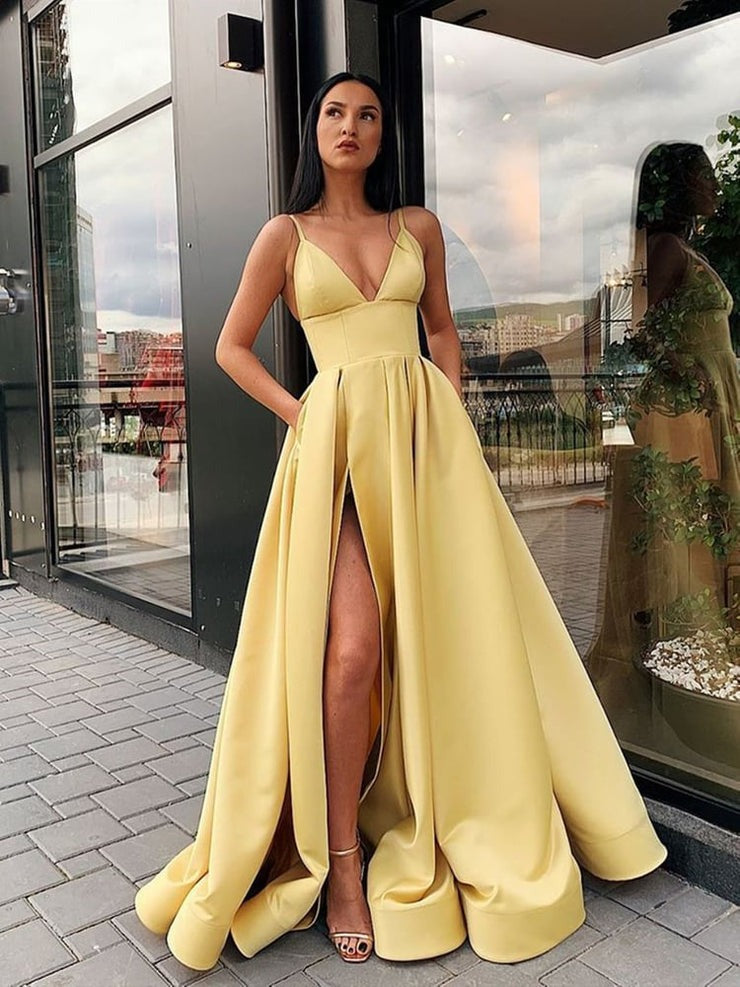 Yellow Satin A-Line V Neck Prom Dresses with Straps, Formal Evening Dresses, PD25287