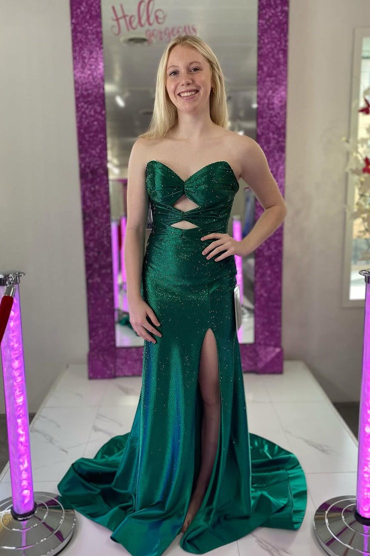 Green Satin Mermaid Sweetheart Cute Sparkly Slit Prom Dress with Beading, PD25336