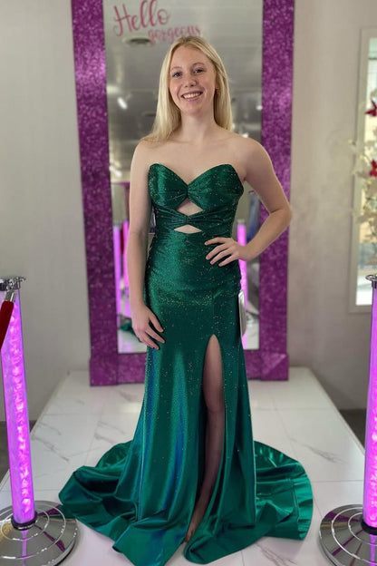 Green Satin Mermaid Sweetheart Cute Sparkly Slit Prom Dress with Beading, PD25336