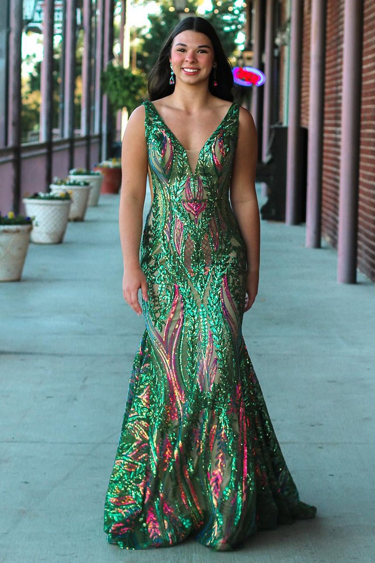 V Neck Mermaid Green Sequins Lace Prom Dresses, PD25015